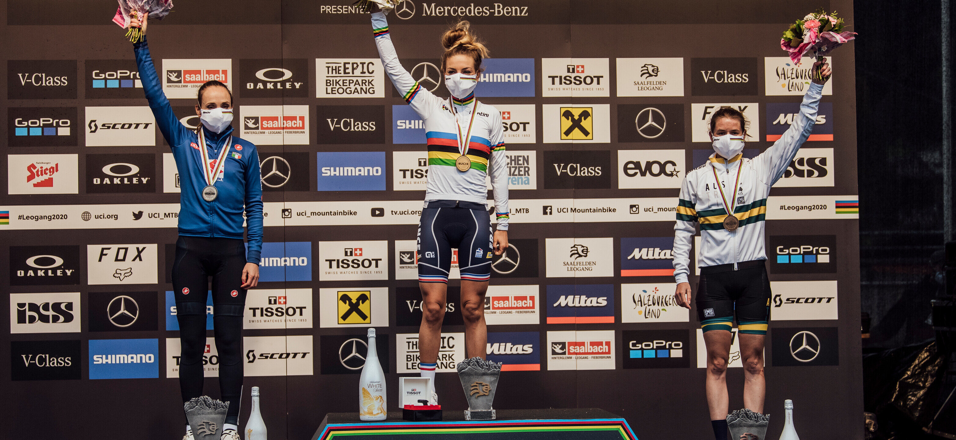 Competitors stand on the podium at UCI XCO World Championships in Leogang, Austria on October 10th, 2020 // Bartek Wolinski/Red Bull Content Pool // SI202010100512 // Usage for editorial use only //