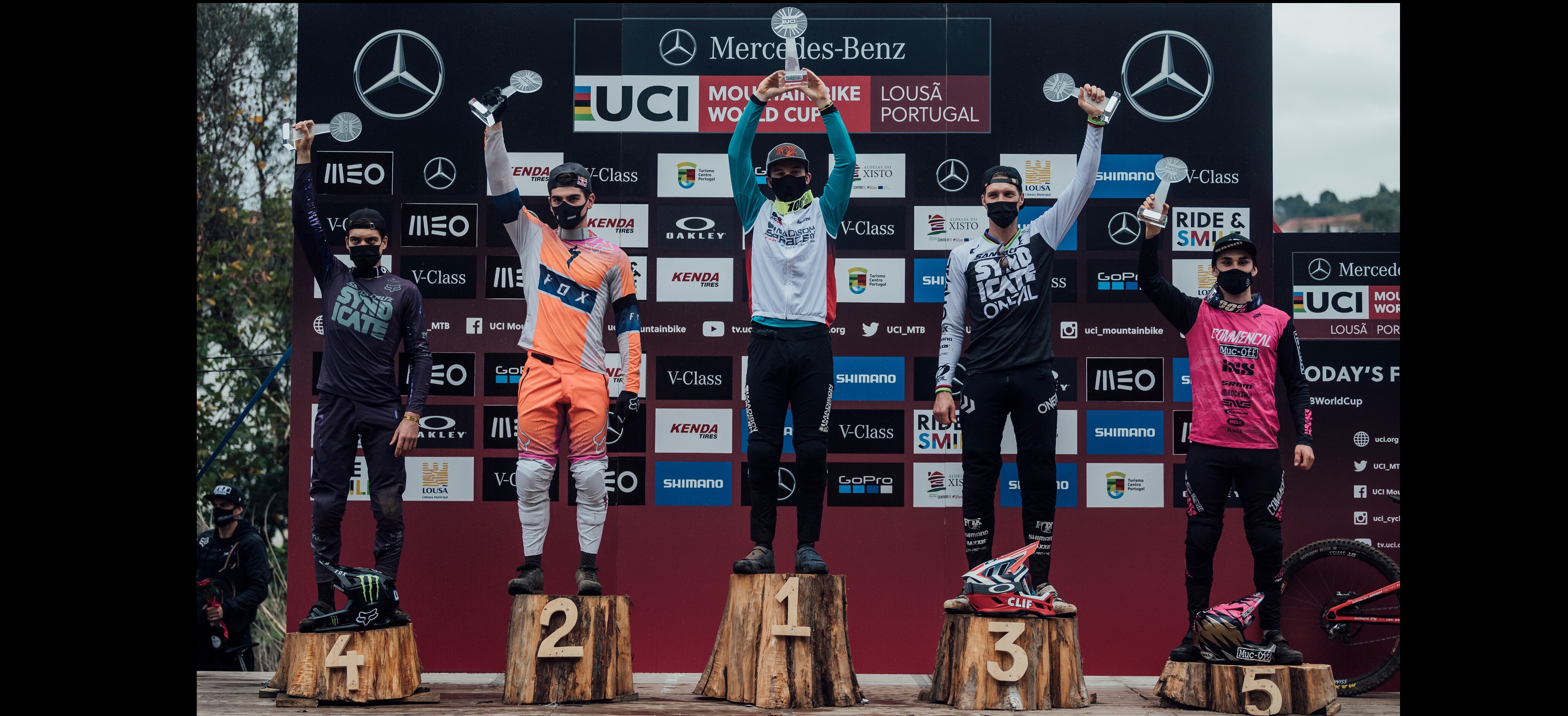 Competitors stand on the podium at UCI DH World Cup in Lousa, Portugal on November 1st, 2020 // Bartek Wolinski/Red Bull Content Pool // SI202011010442 // Usage for editorial use only //