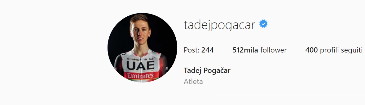 Tadej Pogacar (fonte profilo Instagram)